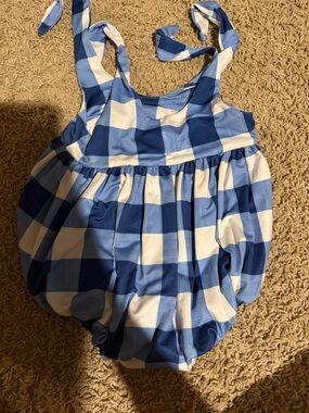 Girls Blue and White Gingham One-Piece Swimsuit with Tie Straps